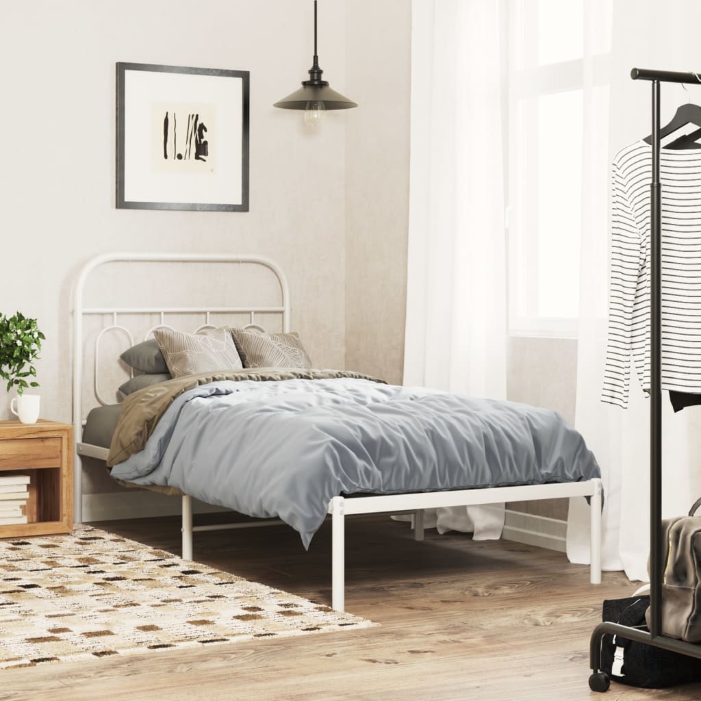 White Metal Bed Frame with Headboard, 80x200cm, No Mattress