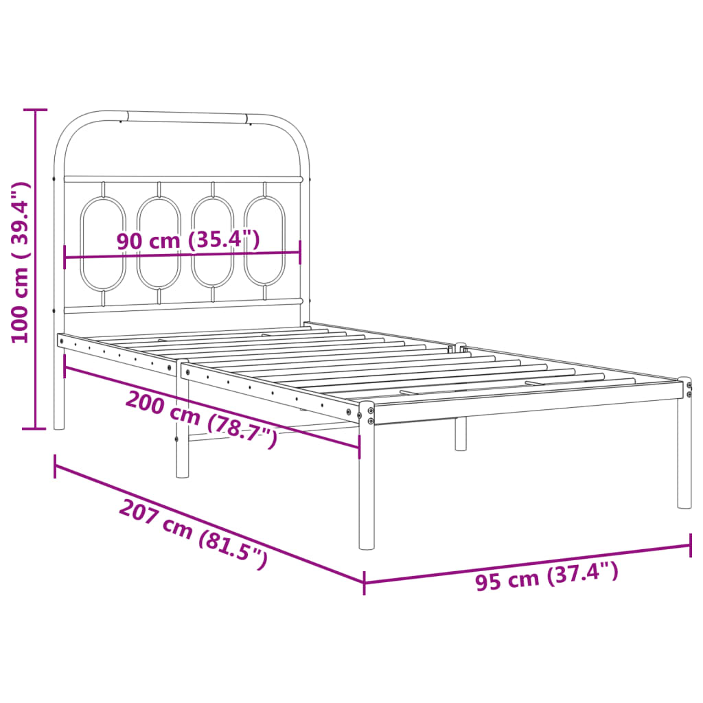 White Metal Bed Frame with Headboard 90x200cm - Durable Design