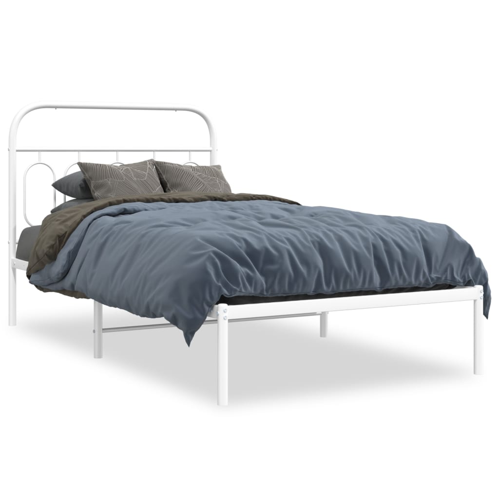 White Metal Bed Frame with Headboard - 100x190cm, No Mattress