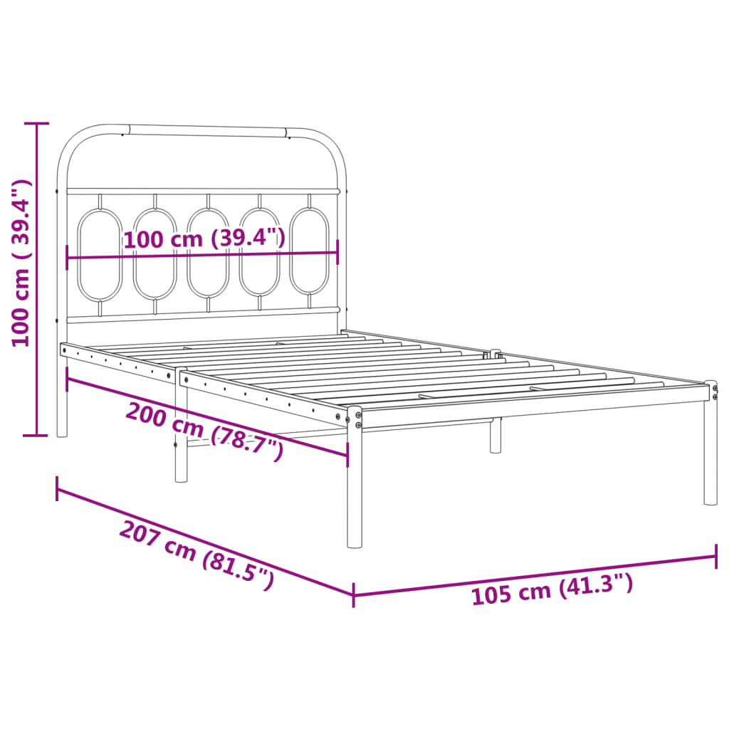 White Metal Bed Frame with Headboard, 100x200cm - No Mattress Included