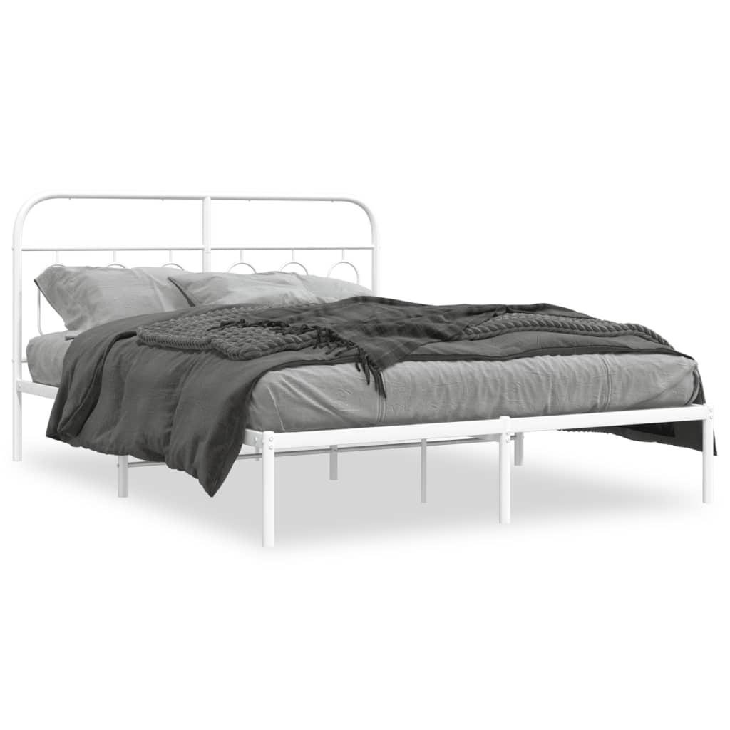 White Metal Bed Frame with Headboard, 140x190cm - No Mattress Included