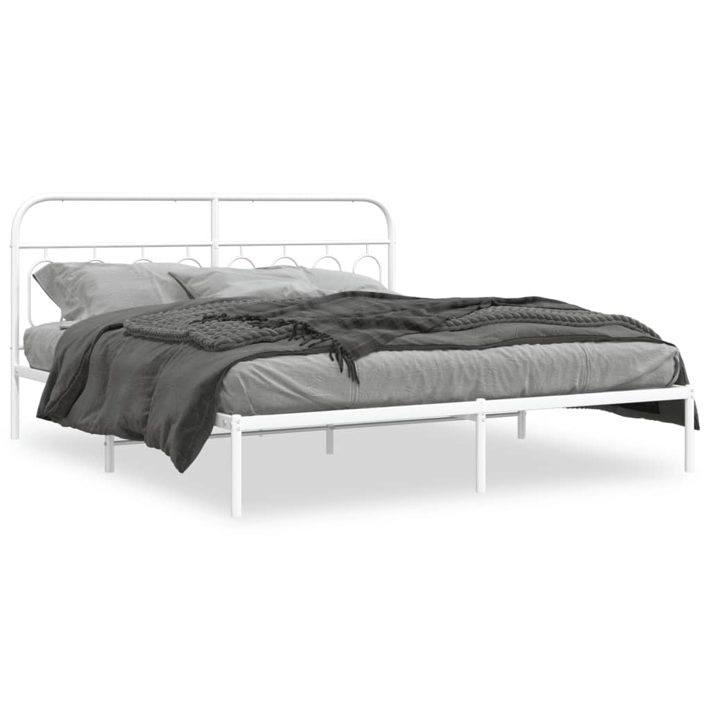 White Metal Bed Frame with Headboard, No Mattress - 193x203cm