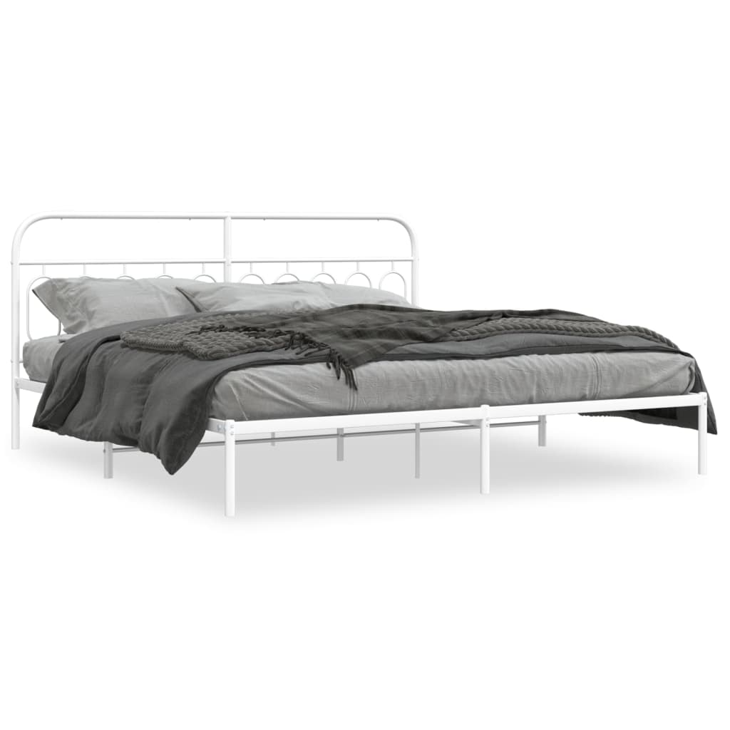 White Metal Bed Frame with Headboard, 200x200cm - No Mattress Included