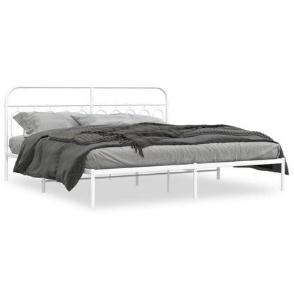 White Metal Bed Frame with Headboard, 200x200cm - No Mattress Included