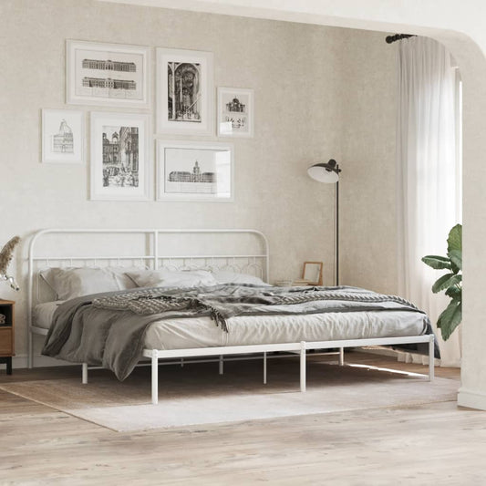 White Metal Bed Frame with Headboard, 200x200cm - No Mattress Included