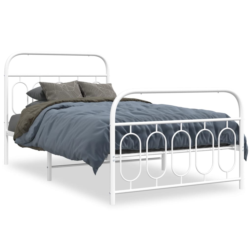 White Metal Bed Frame with Footboard, 100x190cm - No Mattress Included