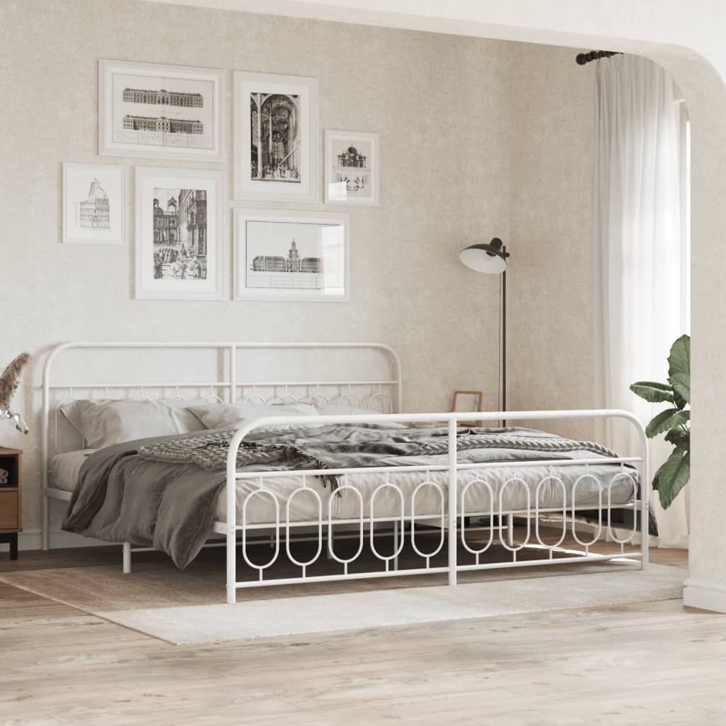 White Metal Bed Frame with Footboard, 200x200cm, No Mattress