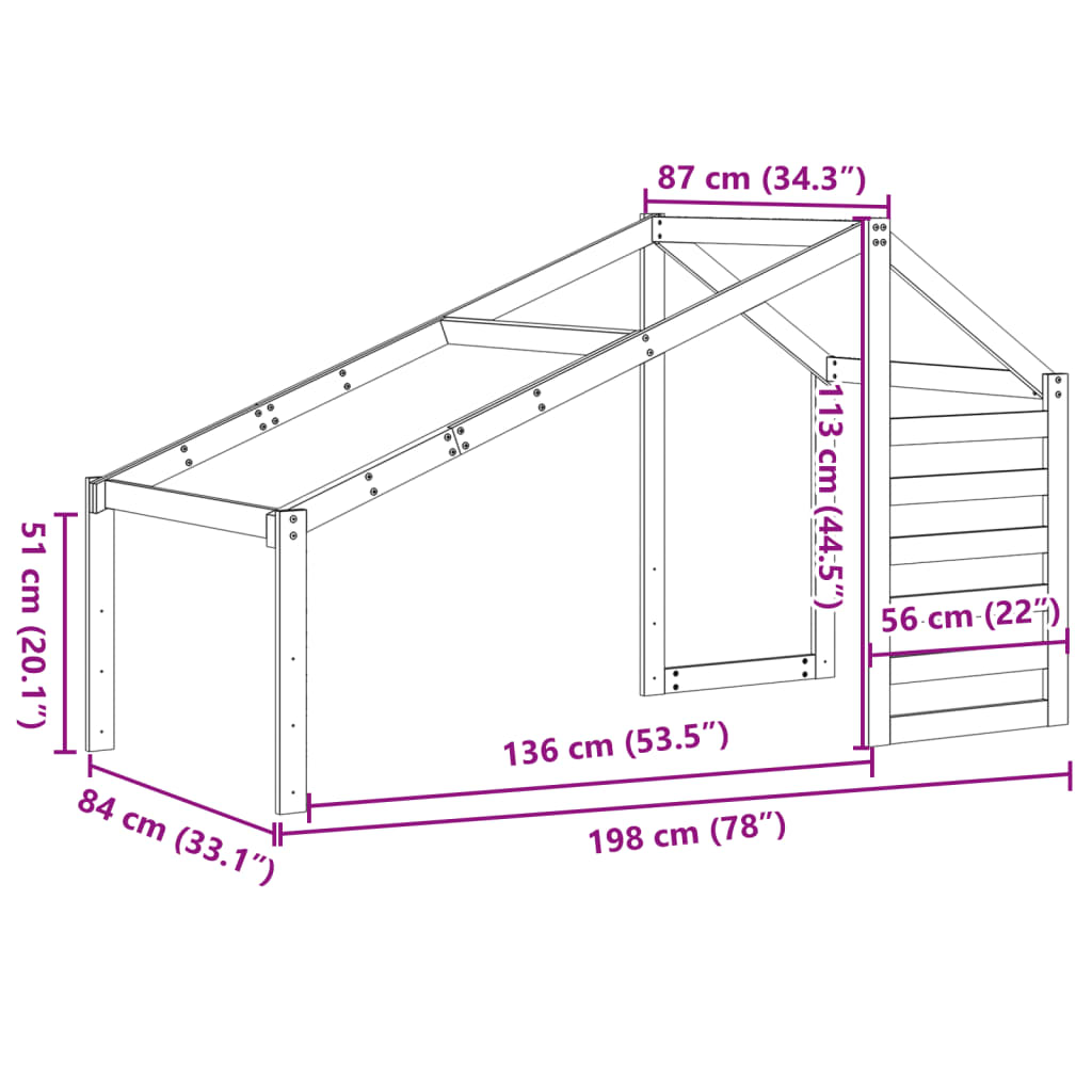 Solid Pine Kids' Bed with Roof - Wax Brown, 198x87x113 cm