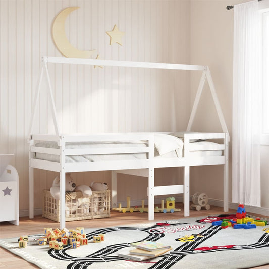 Kids' Solid Pine Wood Bed with Roof, White, 209x85.5x88 cm