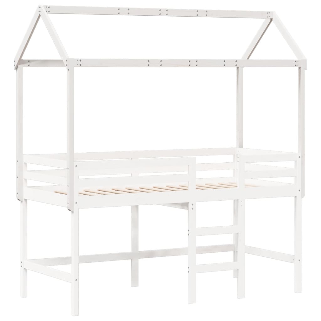 Solid Pine Wood Kids' Bed with Roof - White, 217x95.5x159 cm