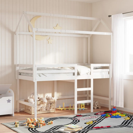 Solid Pine Wood Kids' Bed with Roof - White, 217x95.5x159 cm
