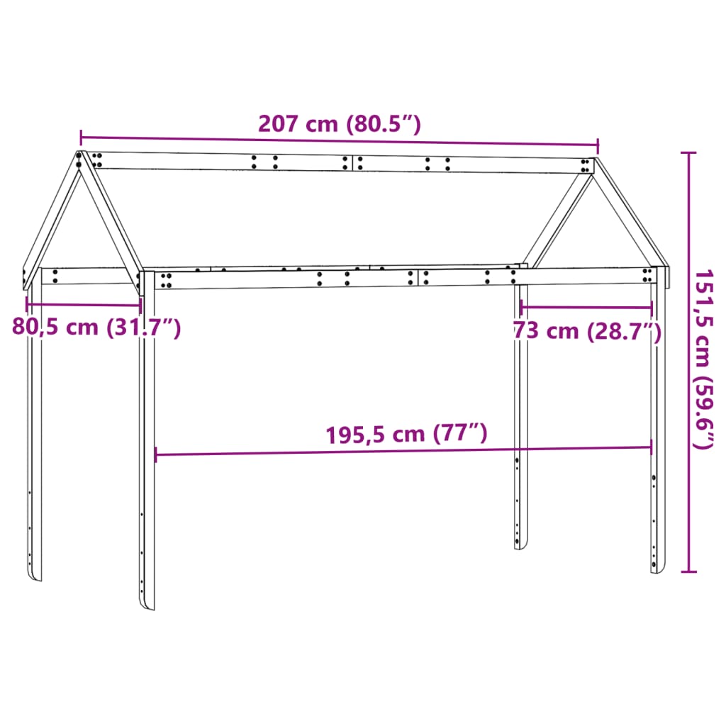Solid Wood Pine Kids' Bed Roof in White - 207x80.5x151.5 cm