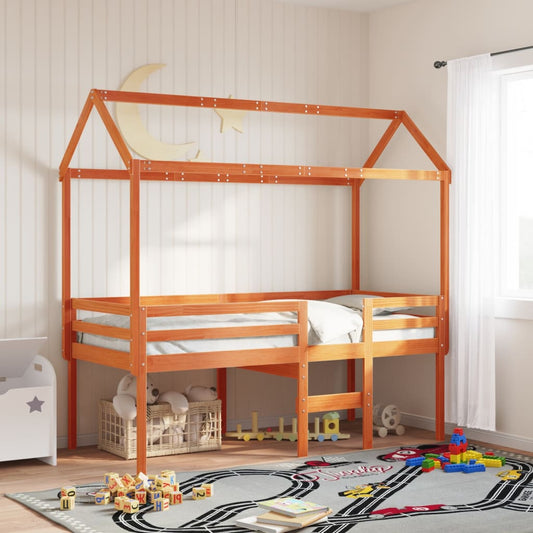 Solid Wood Pine Kids' Bed with Roof - Wax Brown, 207x80.5x151.5 cm