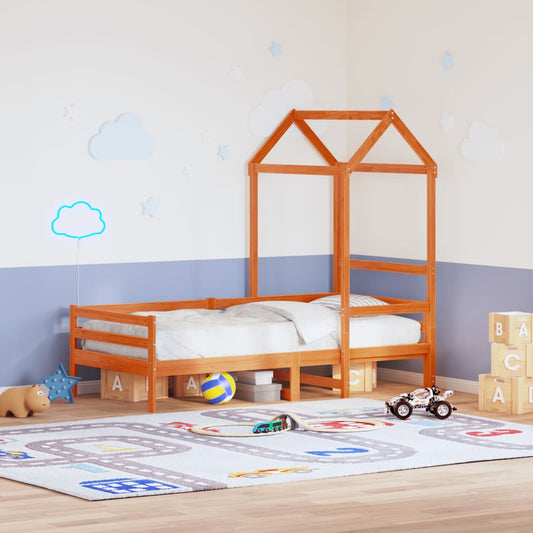 Kids' Bed with Roof, Solid Pine Wood, Wax Brown, 118x70x176.5 cm