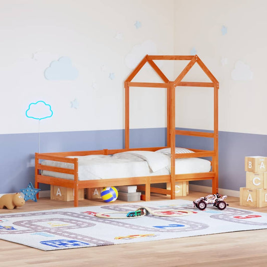 Solid Pine Kids' Bed with Roof, Wax Brown, 98x70x176.5 cm