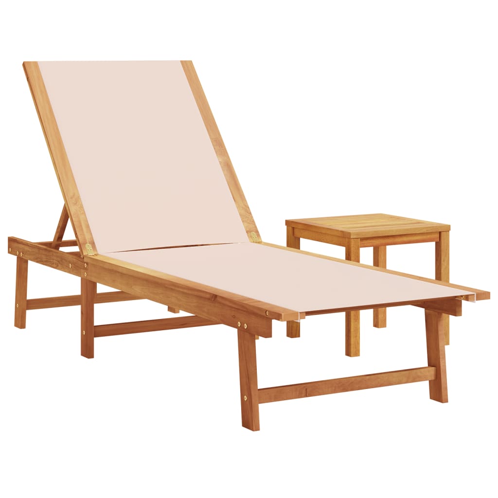 Cream Acacia Wood Sun Lounger with Table - Textilene Comfort