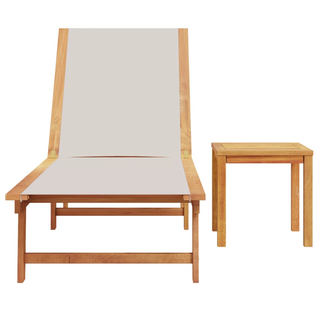 Solid Wood Acacia Sun Lounger with Table - Grey Textilene