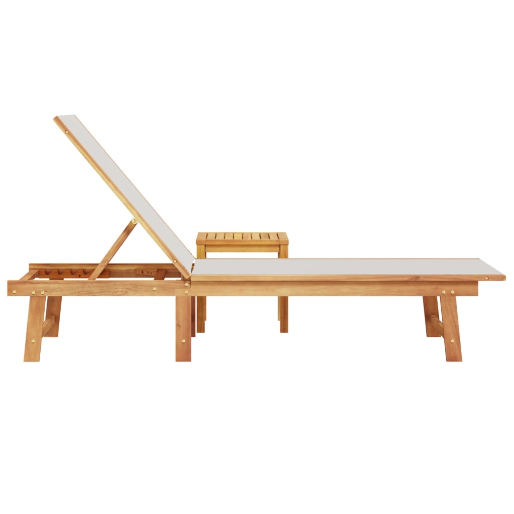 Solid Wood Acacia Sun Lounger with Table - Grey Textilene