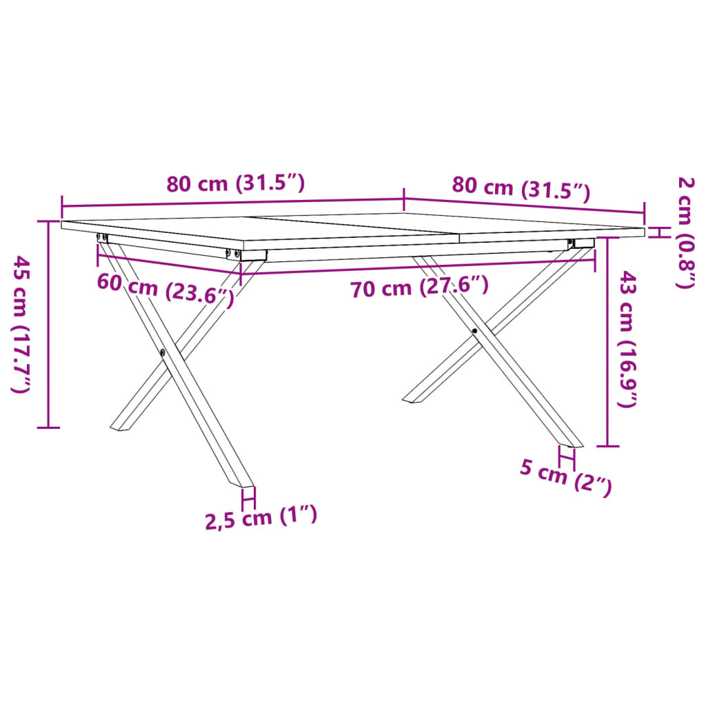 Solid Pine & Steel X-Frame Coffee Table, 80x80x45 cm