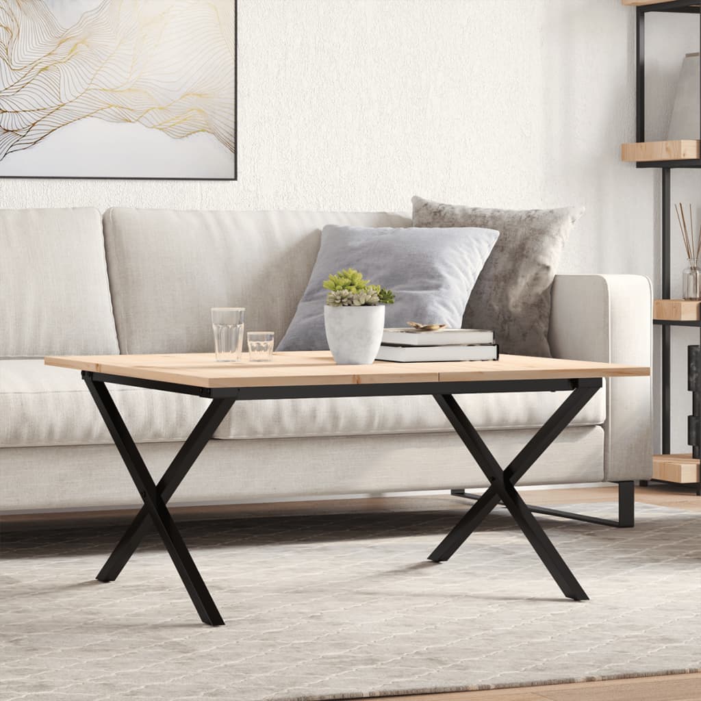 Solid Pine & Steel X-Frame Coffee Table, 80x80x45 cm