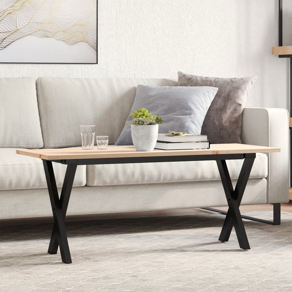 Solid Pine & Steel X-Frame Coffee Table, 110x40x45 cm