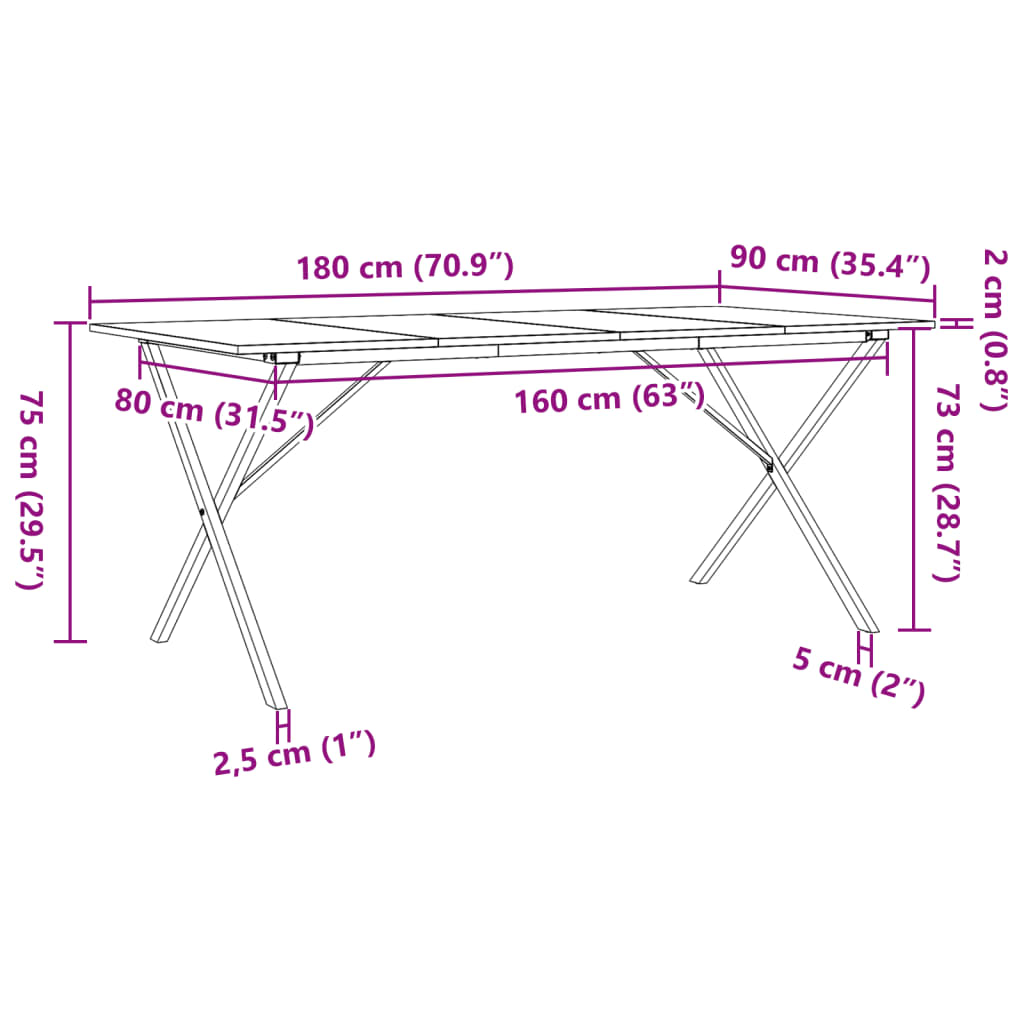 Solid Pine & Steel X-Frame Dining Table 180x90 cm