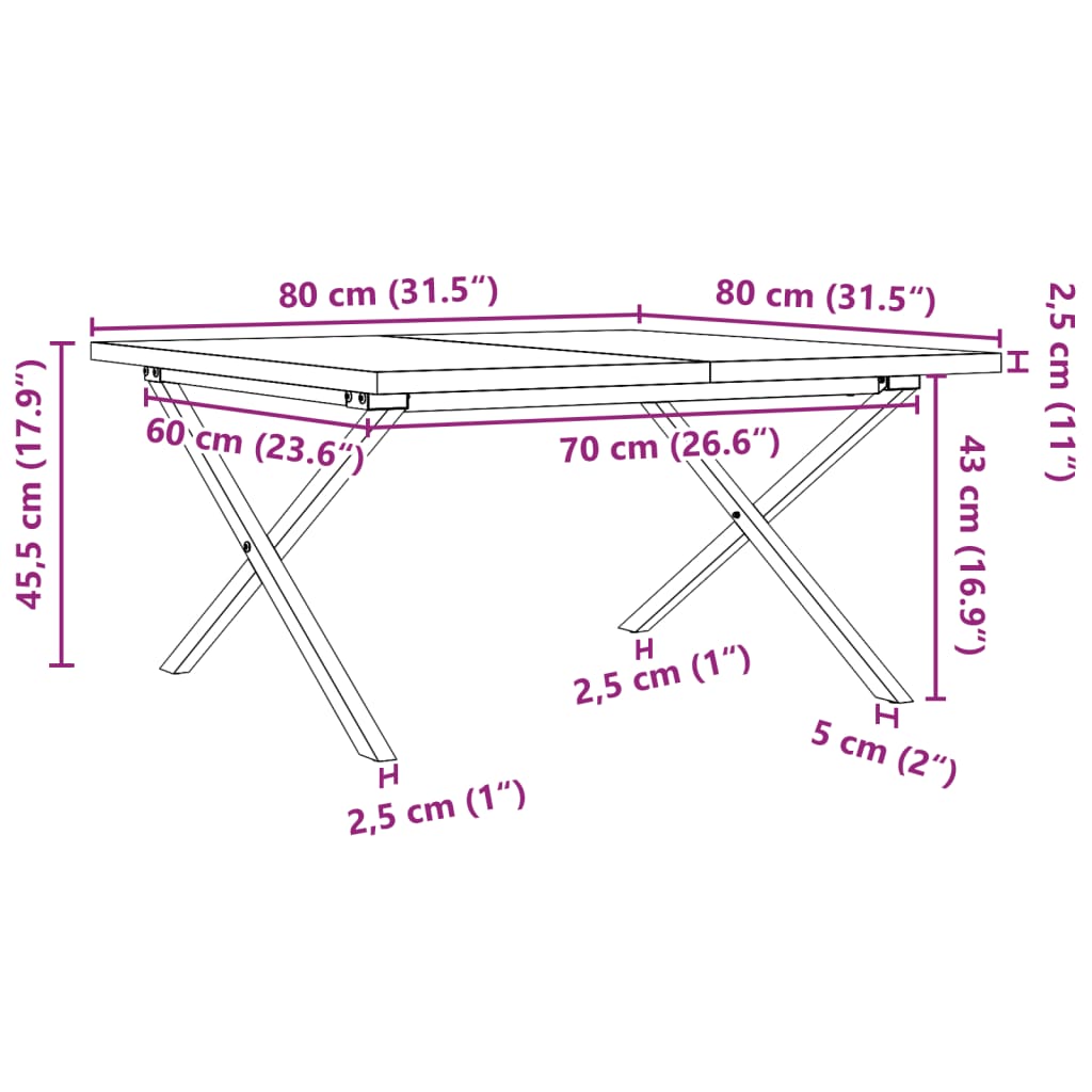 Solid Pine & Steel X-Frame Coffee Table 80x80x45.5 cm