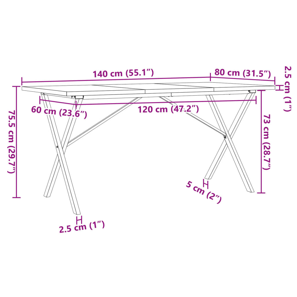 Solid Wood & Steel X-Frame Dining Table 140x80x75.5 cm