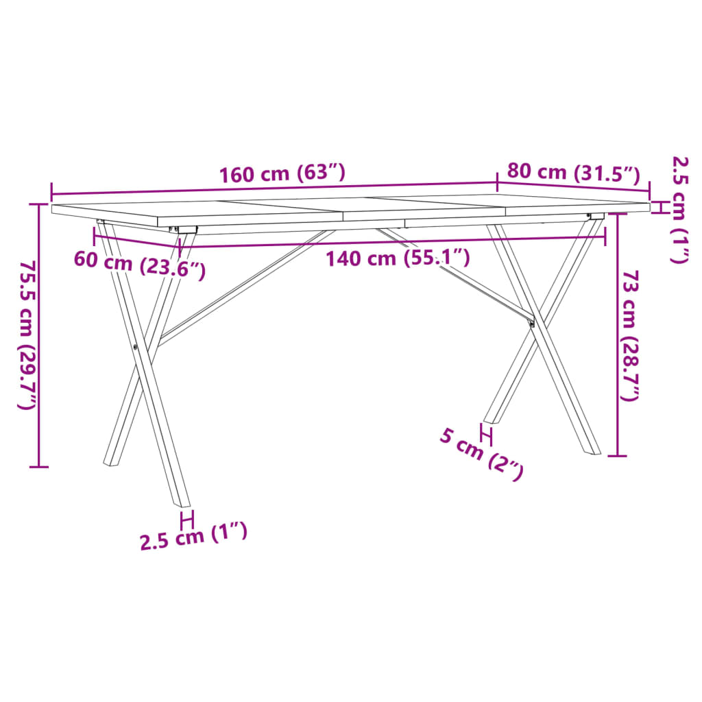 Solid Pine & Steel X-Frame Dining Table 160x80x75.5 cm