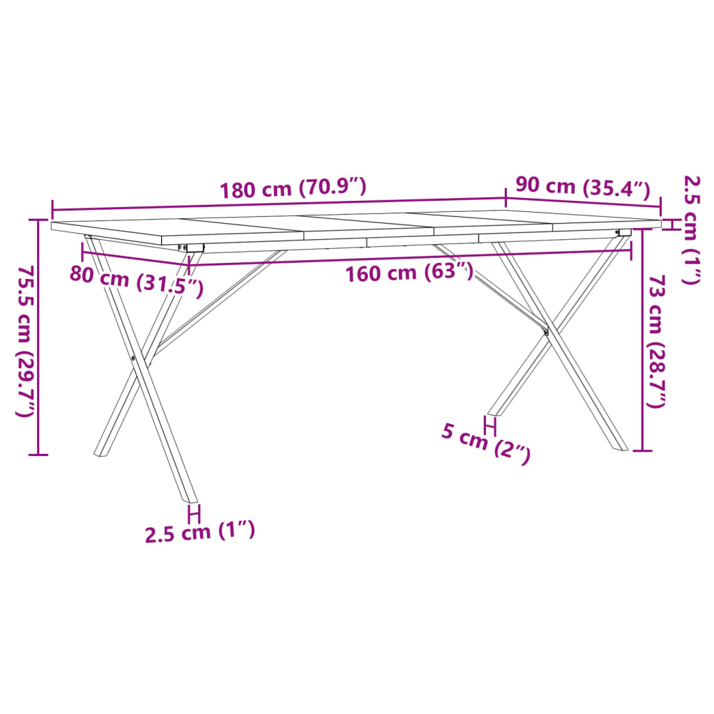 Solid Pine & Steel X-Frame Dining Table - 180x90cm, Durable Design