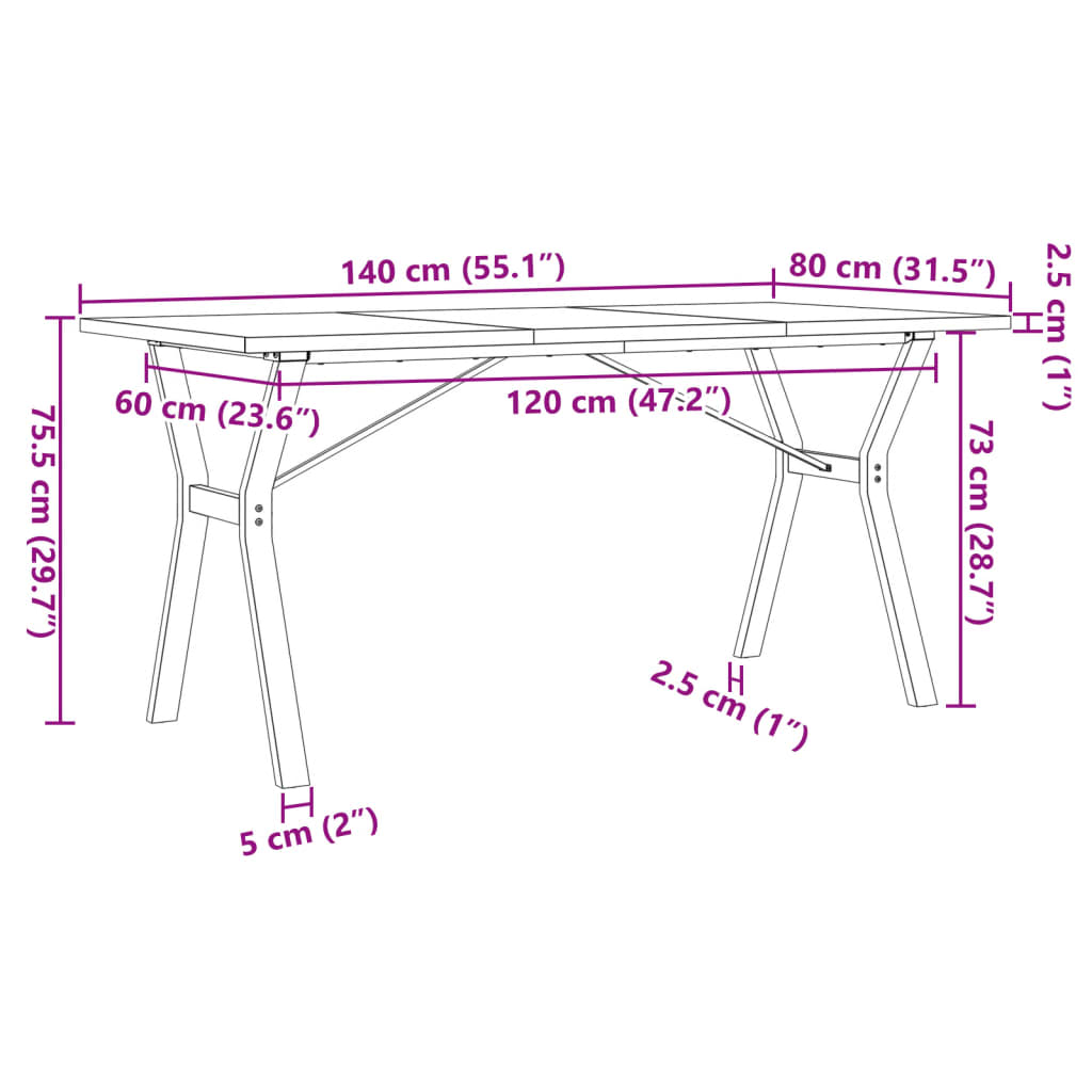 Solid Wood Pine & Steel Dining Table Y-Frame 140x80x75.5 cm
