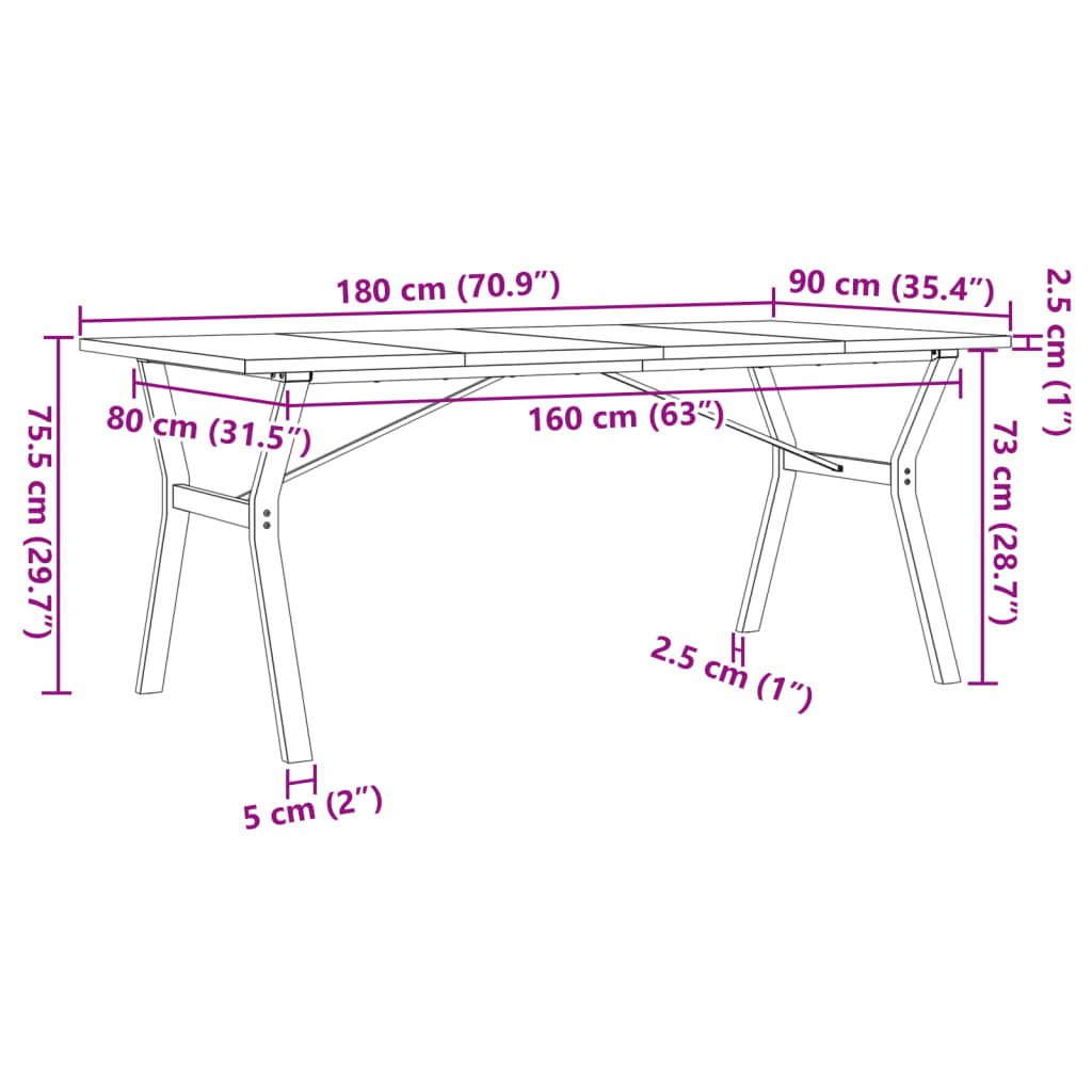 Solid Wood & Steel Dining Table Y-Frame 180x90x75.5 cm Pine