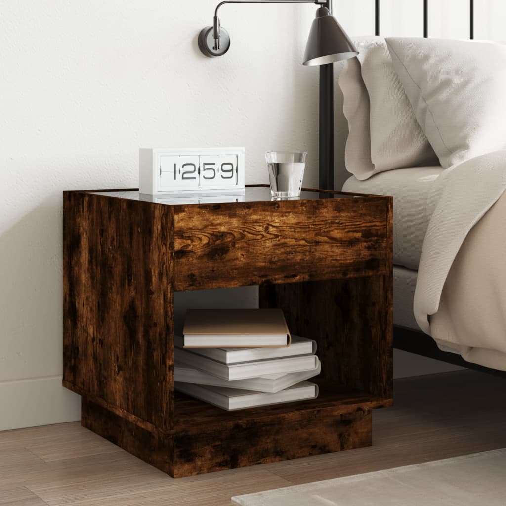 Smoked Oak Bedside Table with Infinity LED, 50x50x50 cm