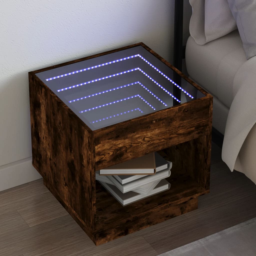 Smoked Oak Bedside Table with Infinity LED, 50x50x50 cm