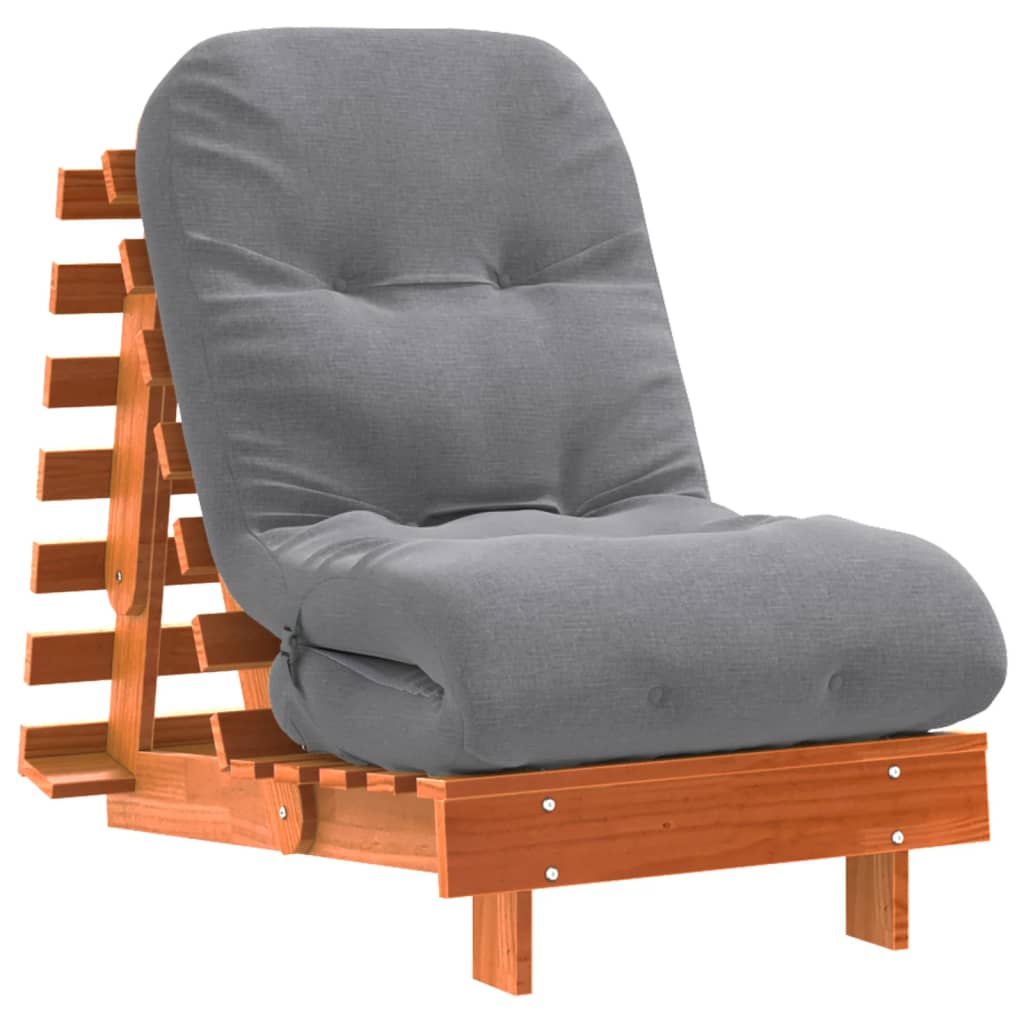 Wax Brown Pine Futon Sofa Bed with Mattress - 60x206x11 cm