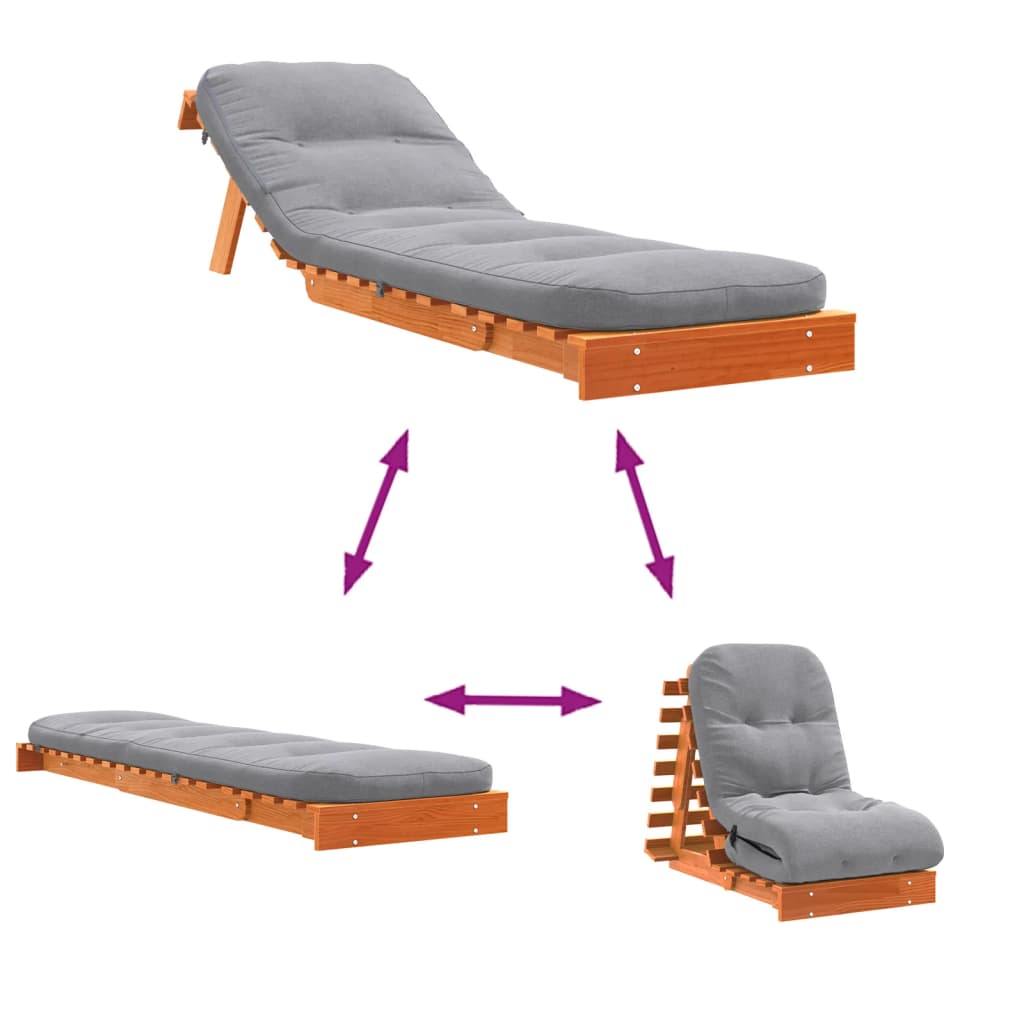 Wax Brown Pine Futon Sofa Bed with Mattress - 60x206x11 cm