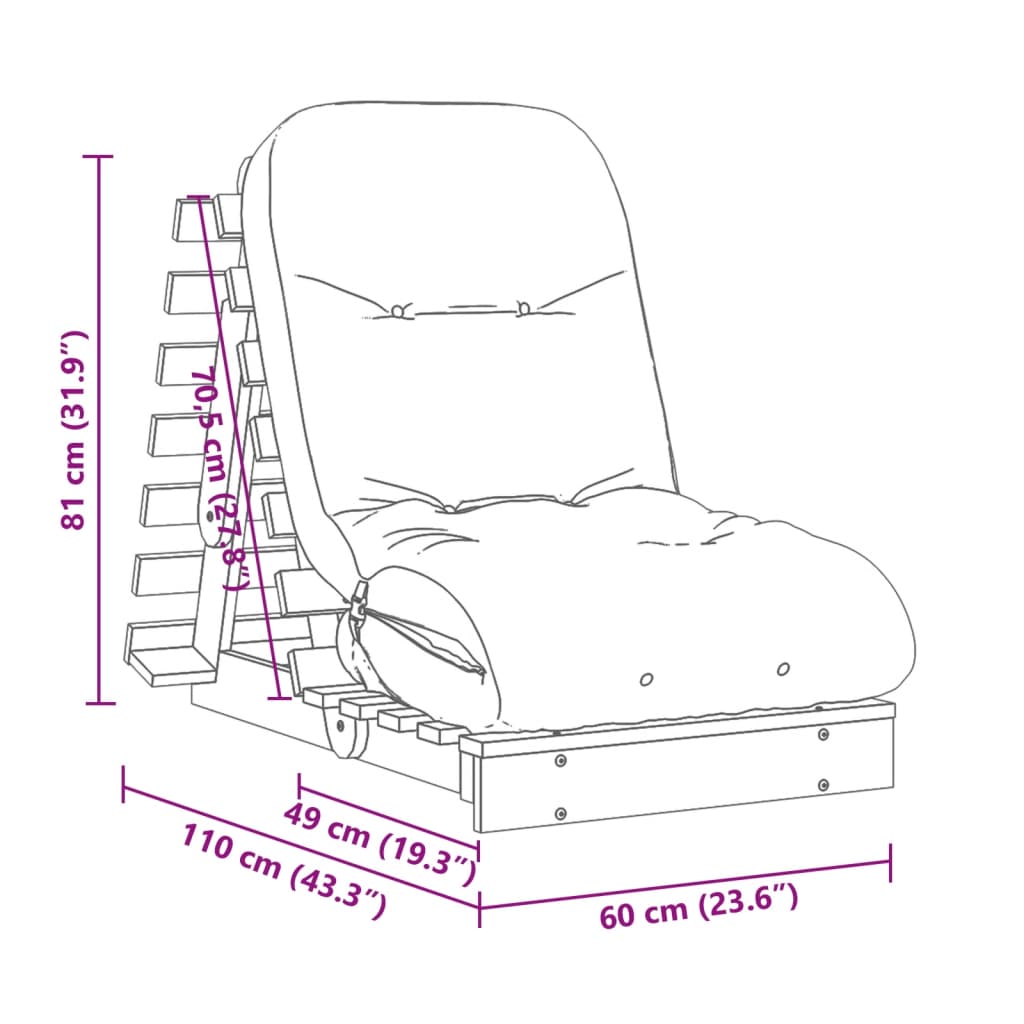 Wax Brown Pine Futon Sofa Bed with Mattress - 60x206x11 cm