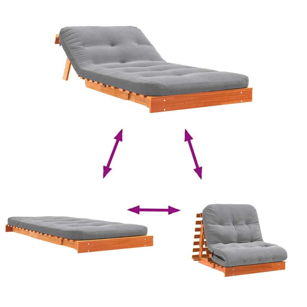 Solid Pine Futon Sofa Bed with Mattress - Wax Brown, 80x206x11 cm