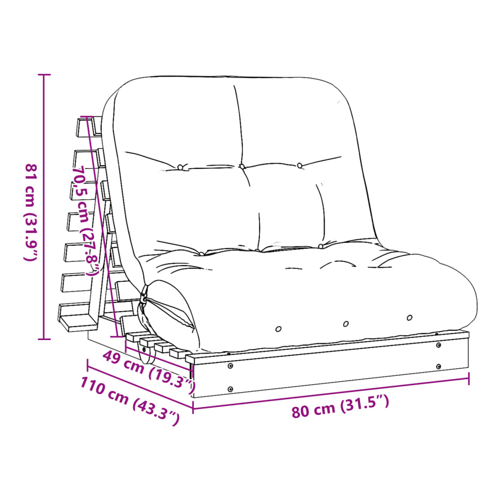 Solid Pine Futon Sofa Bed with Mattress - Wax Brown, 80x206x11 cm