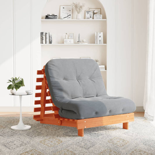 Solid Pine Futon Sofa Bed with Mattress - Wax Brown, 80x206x11 cm