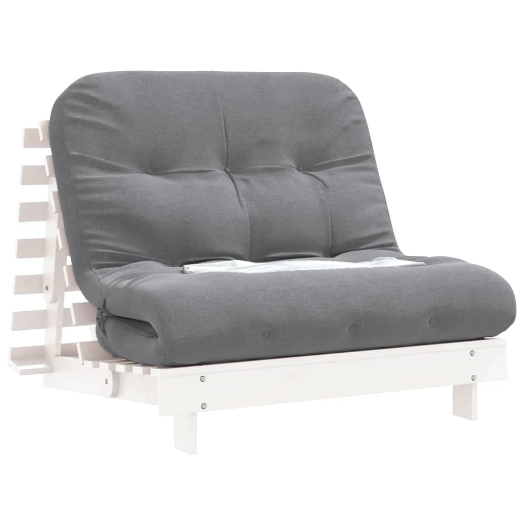 White Solid Pine Futon Sofa Bed with Mattress 100x206x11 cm