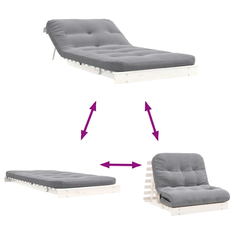 White Solid Pine Futon Sofa Bed with Mattress 100x206x11 cm