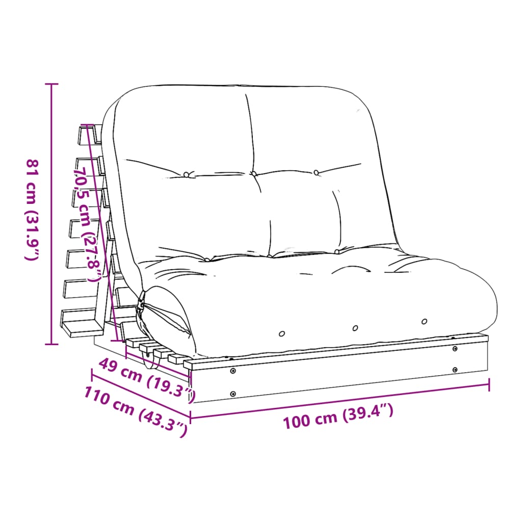 White Solid Pine Futon Sofa Bed with Mattress 100x206x11 cm