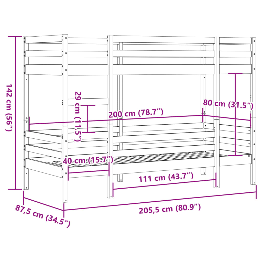 Solid Pine Bunk Bed Frame 80x200 cm - No Mattress Included