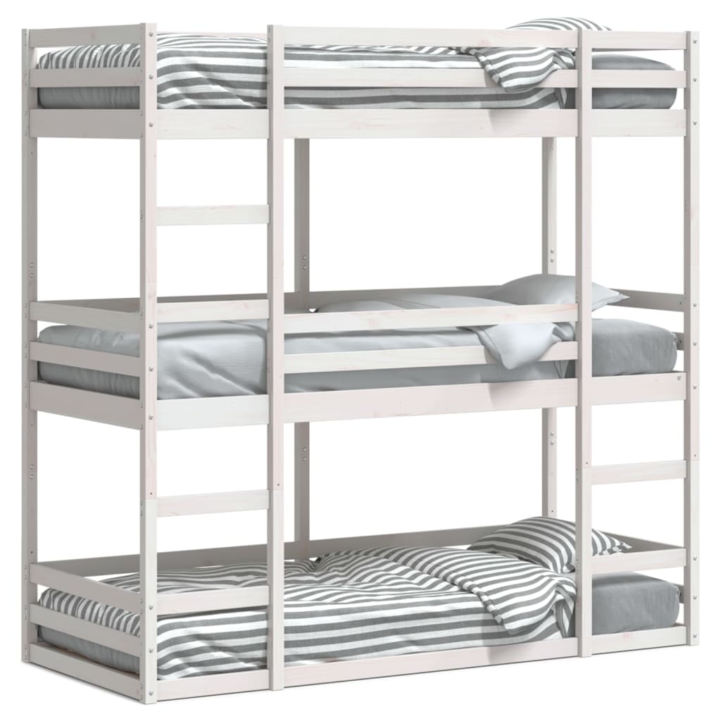 Solid Wood Pine Triple Bunk Bed, White, 80x200cm - No Mattress