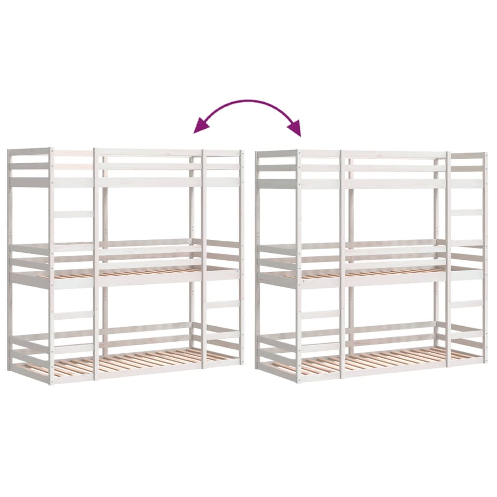 Solid Wood Pine Triple Bunk Bed, White, 80x200cm - No Mattress