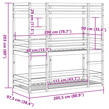 Solid Pine Triple Bunk Bed Frame 90x200 cm - No Mattress Included