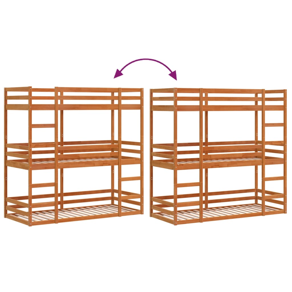 Wax Brown Solid Pine Triple Bunk Bed 90x190 cm - No Mattress Included