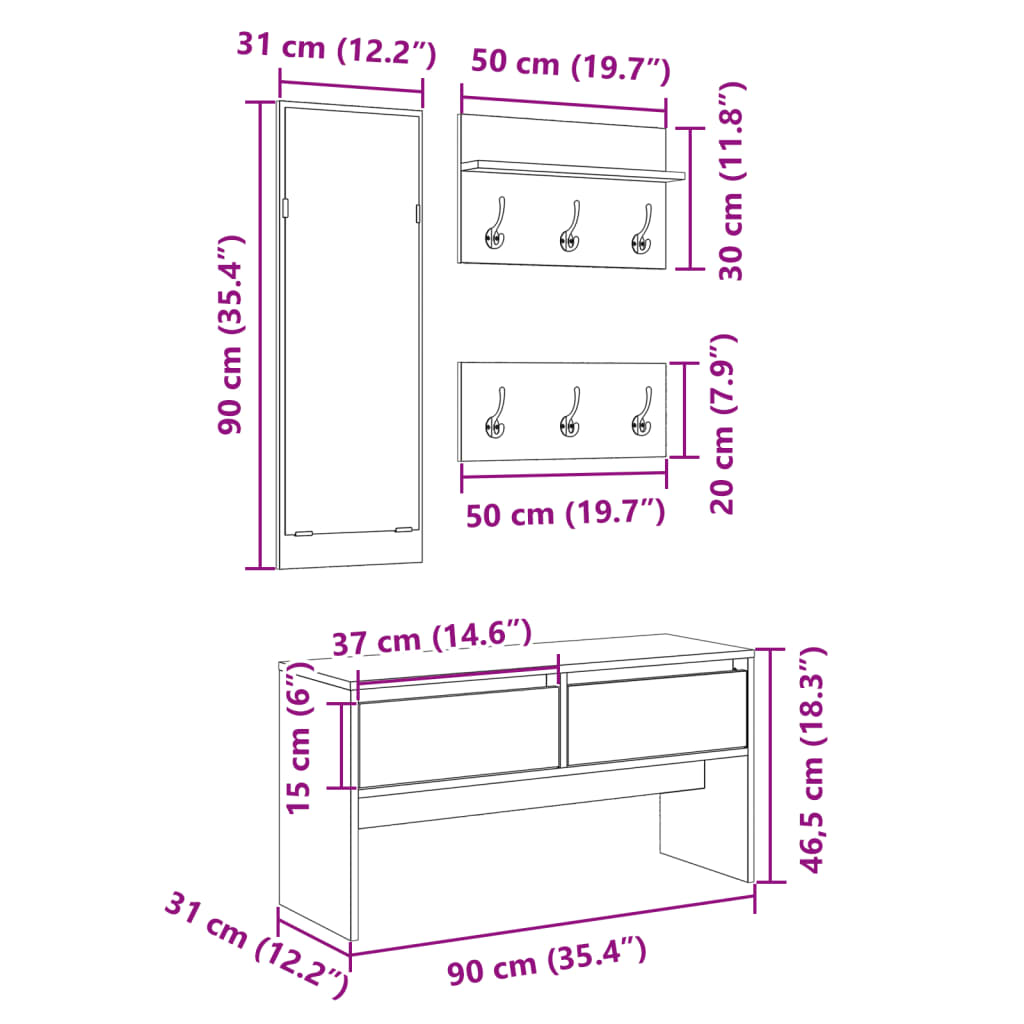 4-Piece Hallway Furniture Set in Concrete Grey Engineered Wood