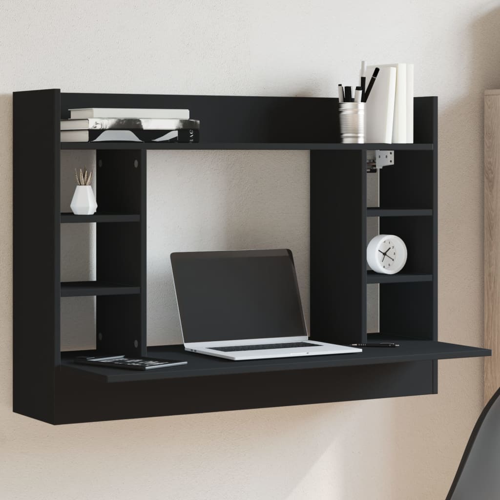 Sleek Black Wall-Mounted Desk, Engineered Wood 105x48x75 cm